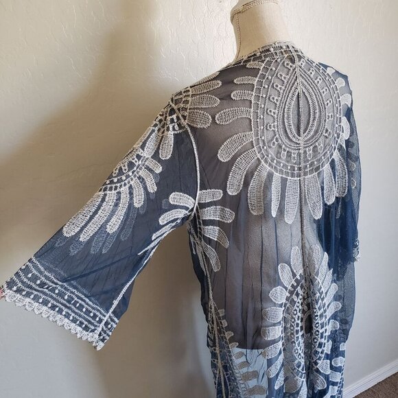 Rebellion Again Mesh Crochet Lace Open Kimono Cover Up Blue Size L Beachy Boho - Picture 8 of 11
